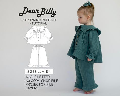 "This is a girls blouse and pants set bundle with a round ruffle collar and ruffled pants PDF Sewing Pattern (instant download) with Instructions. \"The Royal Set\" bundle pattern by DearBillyPatterns. This is a PDF Sewing Pattern (instant download) in sizes 12M-2Y-3Y-4Y-5Y-6Y-7Y-8Y. All sizes are included in your purchase. This is an intermediate skill level sewing pattern that requires prior sewing experience. If you have any questions while sewing-feel free to email us, we'll be more than hap Girls Pdf Sewing Patterns, Blouse And Pants, Pajama Lounge, Costura Diy, Couture Mode, Diy Sewing Clothes, Clothes Sewing Patterns, Sewing Pattern Sizes, Diy Couture