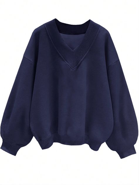 Navy Blue V-Neck Oversize Loose Casual Women's Pullover Sweatshirt, Suitable For Autumn And Winter Navy Blue Casual  Long Sleeve Knitted Fabric Plain Pullovers Slight Stretch  Women Clothing, size features are:Bust: ,Length: ,Sleeve Length: Tela, Shein Winter Clothes, Navy Blue Fits, Blue Sweater Outfit, Pull Bleu, Pull Oversize, Blue V, Long Sleeve Knit, Women Pullover