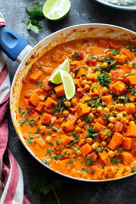 Red Thai Sweet Potato Chickpea Curry Potato Chickpea Curry, Coconut Sweet Potato, Sweet Potato Chickpea Curry, Red Curry Recipe, Potato Chickpea, Slow Cooker Sweet Potatoes, Red Thai, Cubed Sweet Potatoes, Sweet Potato Curry