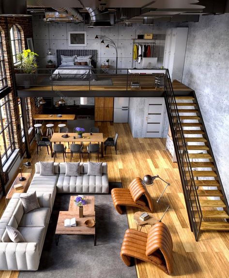 1 Bedroom Loft Apartment, Sky Loft Apartment, Duplex Loft Apartments, Industrial Balcony Design, Duplex Room Design, Loft Astethic, Studio Loft Apartment Ideas, Industrial Studio Apartment, Duplex Interior