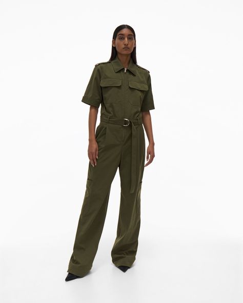 Helmut Lang Utility Jumpsuit | WWW.HELMUTLANG.COM | Helmut Lang Jumpsuit Style, Utility Jumpsuit, D Ring Belt, Neon Outfits, Belted Jumpsuit, Belt Jumpsuit, Practice Outfits, Utility Style, Short Sleeve Jumpsuits