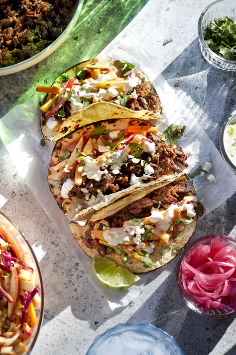 Autumn Tacos, Fall Tacos, Lamb Tacos Recipes, Short Rib Tacos, Rib Tacos, Lamb Taco, Roasted Corn Salsa, Carrot Slaw, Night Recipes