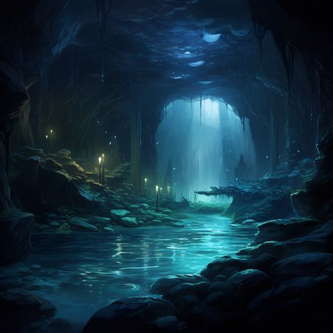 An underground pool with bioluminescent plants at the stony banks. Sea Cave Fantasy Art, Underground Lake Fantasy Art, Underwater Cave Fantasy Art, Cave Lake Fantasy Art, Underground Fantasy Art, Glowing Cave Art, Mountain Cave Fantasy Art, Underground World Concept Art, Underground Cavern Fantasy Art