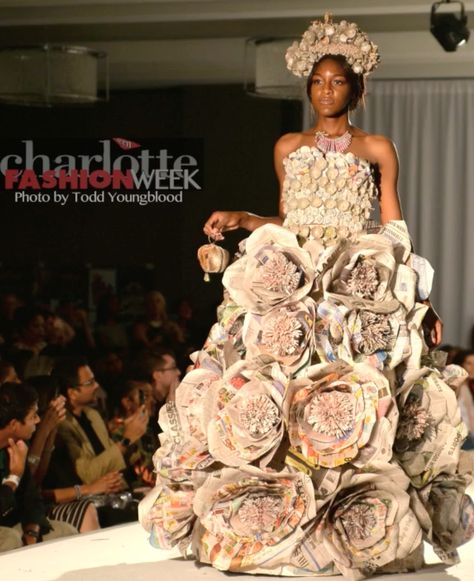 Dresses made from recycled materials.CLICK IMAGE FOR VIDEO clip of this look on the runway. Charlotte Seen Fashion Week Recyclable Designs View more fashion show featuring recycled designs and creativity. Gown Made Of Recycled Materials, Fashion Show Recycled Materials, Diy Costume Recycled Materials, Dresses Out Of Recycled Materials, Fashion Made From Recycled Materials, Fashion With Recycled Materials, Fashion Recycled Materials Ideas, Creative Attire Pageant Recycled, Costume From Recycled Materials