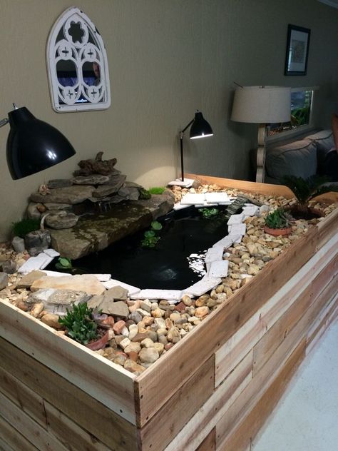 Small Indoor Turtle Pond, Indoor Aquatic Turtle Habitat, Aquatic Turtle Enclosure Indoor, Turtle Indoor Pond, Indoor Turtle Pond Diy, Half Water Half Land Turtle Tank, Turtle Terrarium Indoor, Semi Aquatic Terrarium, Water Turtle Tank Ideas Indoor