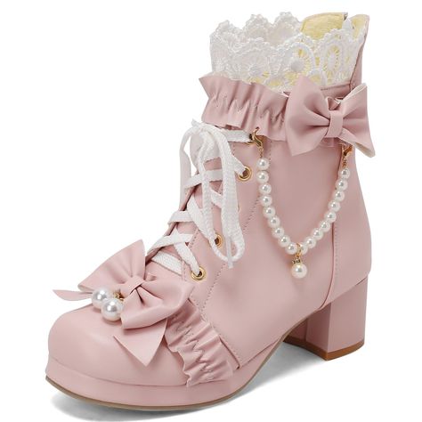 PRICES MAY VARY. 【LOLITA BOOTS 】Heel Measures Approximately:1.96"/5cm,platform:0.59". 【KAWAII SHOES】Outer Material:Synthetic;Dressy closed toe shows your elegant and temperament fashion lace up and zipper makes mary janes more eye-catching , and easy to pull on and off well. 【COLOR CHOOSE】The lolita boots with such classic and gorgeous colors, like white,black,pink, etc. The women kawaii ankle boots will fit with all of your clothes in your closet,like jeans,dress,overcoat,sweater. 【HIGH QUALITY Kawaii, Fancy Combat Boots, Light Purple Shoes, Kawaii Closet, Kawaii Boots, Dress Overcoat, Pink Mary Janes, Cute Kawaii Clothes, Aesthetic Boots