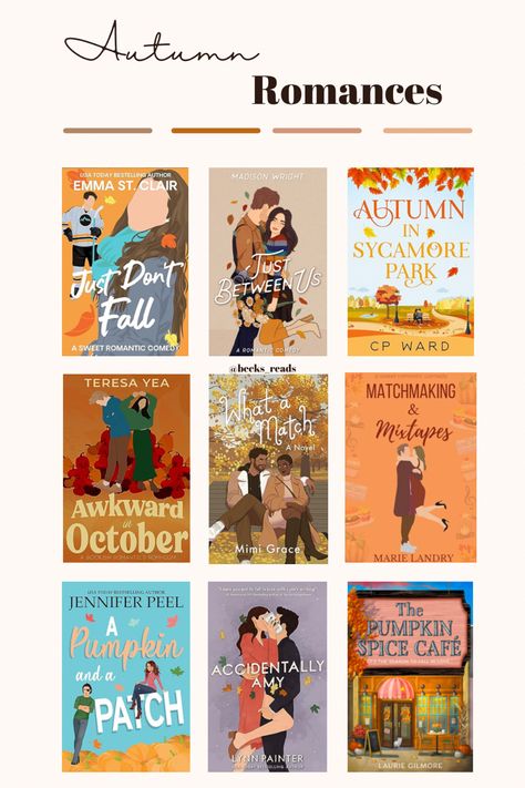 Autumn romance books! Books To Read During Fall Aesthetic, How To Pick Books For Book Club, Book To Read In Autumn, Fall Romance Books To Read, Halloween Rom Com Books, Cozy Books To Read In The Fall, Fall Rom Com Books, Fall Themed Books For Adults, Fall Books To Read Romance