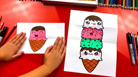 Happy Friday, Art-Friends! Today, we’re creating another funny drawing with folding. Follow along with us and learn how to draw an ice cream tower! If you need help drawing faces, watch our other lesson on how to draw kawaii faces. Also, check out our folding monster and pumpkin lessons. Art Supplies marker paper colored pencils pink … Kawaii, Surprise Drawing, Pumpkin Lessons, Happy Birthday Harry Potter, Drawing Videos For Kids, Art For Kids Hub, Cartoon Drawings Disney, Kawaii Faces, Art Hub