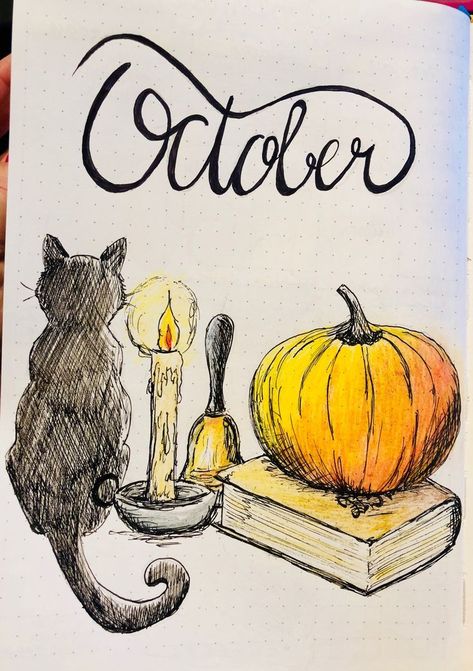 Cute October Drawings, October Bujo Theme, Journaling October, October Bujo Cover, September Drawings, October Journal Ideas, October Doodles, October Drawings, October Bullet Journal Cover