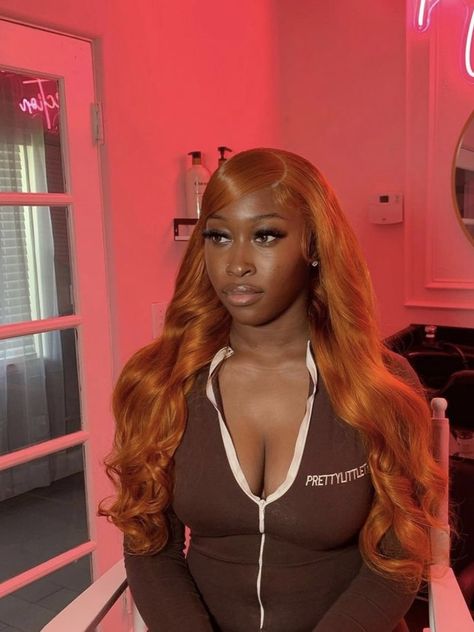 Orange Wig Install, Color Wigs On Dark Skin Women, Ginger Quick Weave, Ginger Frontal Wig, Dyed Natural Hair Dark Skin, Ginger Wig Install, Red Wig Install, Hairstyles For Wigs, Freaknik Hairstyles