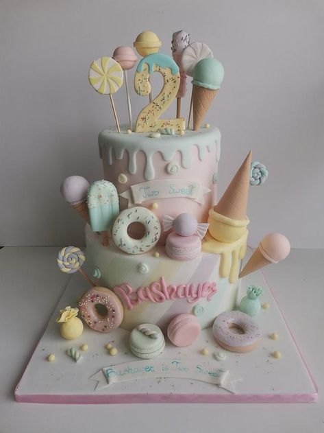 Two sweet candy theme Candy Theme Cake, Ice Cream Birthday Party Theme, Sweet Birthday Cake, Candyland Cake, Candy Theme Birthday Party, 2nd Birthday Party For Girl, Ice Cream Birthday Cake, Candy Birthday Cakes, Candy Land Birthday Party