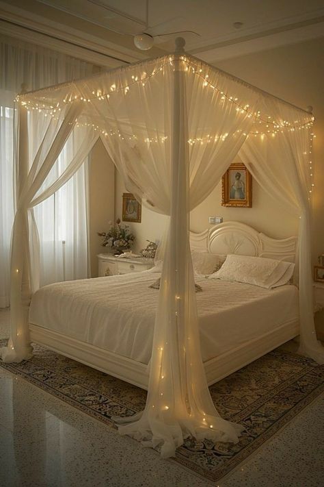 Cute Bed Canopy, Floating Canopy Bed, Bed Sets Ideas, Canopy Above Bed, Room With Canopy Bed, Corner Canopy Bed, Canopy Bed With Lights, Ethereal Aesthetic Room, Bad Design Bedrooms Beds