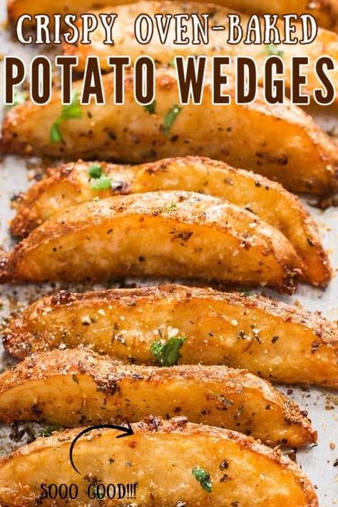 These Baked Potato Wedges comes out of the oven truly crispy on the outside and so tender on the inside.  With garlic and Parmesan seasoning, these potato wedges are so, so, so good! Perfectly seasoned, baked in oven for less guilt snacking. #potatowedges #bakedpotatowedges #ovenbakedpotatowedges #crispypotatowedges #healthypotatowedges #partyrecipes #superbowl #Parmesan #seasonedpotatowedges #schoolsnacks Potato Recipes Healthy, Wedges Potato, Baked Potato Wedges Recipe, Parmesan Baked Potatoes, Seasoned Potato Wedges, Baked Potato Wedges, Crispy Potato Wedges, Roasted Potato Wedges, Sweet Potato Recipes Healthy