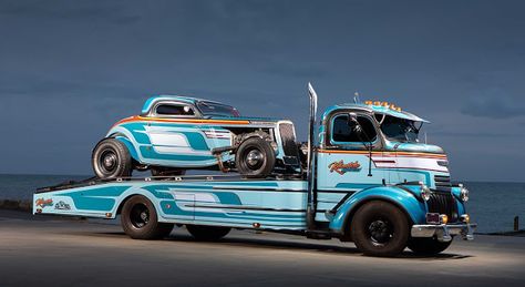 Toy Hauler Trailers, Rat Rod Trucks, Coe Trucks, Hot Rod Pickup, Car Hauler, Rat Rods Truck, Classic Cars Trucks Hot Rods, Old Race Cars, Custom Muscle Cars