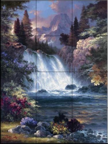 JL-Sunrise Falls - Tile Mural Tile Mural Bathroom, Tuscan Tile, Backsplash Mural, Shower Backsplash, Backsplash Wall, Mediterranean Tile, James Lee, View Landscape, Shower Surround