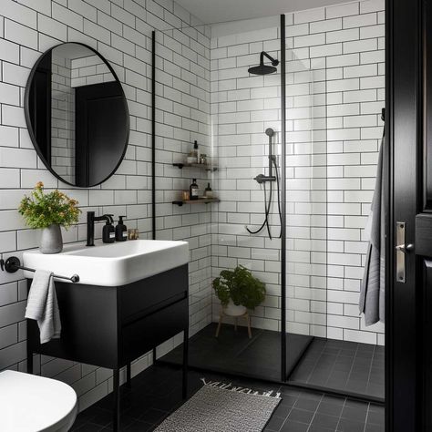 7+ Ways to Style a Modern Small Black and White Bathroom • 333+ Art Images Small Black And White Bathroom, Guess Bathroom, Black And White Bathroom, Bathroom Design Black, Monochrome Interior, Compact Bathroom, Glass Shower Enclosures, Lifestyle Ideas, Black Tiles