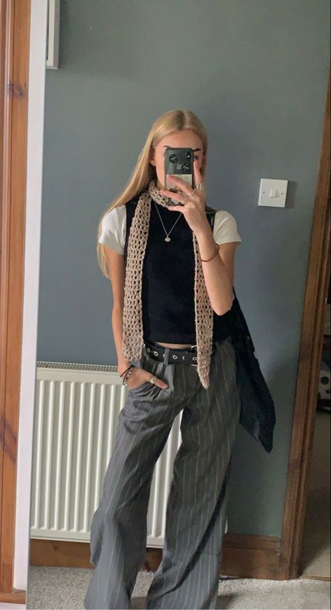 Pinstripe Trousers Outfit Casual, Sixth Form Trouser Outfits, Unique Spring Outfits, Crochet Mesh Scarf, Crochet Scarf Outfit, Sixth Form Outfits Trousers, Tiny Scarf Outfit, Smart Sixth Form Outfits, Smart Trousers Outfit