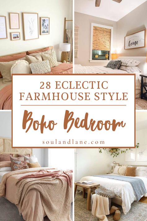 Start with a neutral, earth-toned palette accented with vibrant pops of color through textiles and art. Choose a vintage wooden bed frame, and layer it with an eclectic mix of patterned quilts and macramé throws. Incorporate natural elements like a reclaimed wood nightstand or a rattan headboard to add texture. Hang flowing, sheer curtains to soften the light and add a dreamy quality to the room. Decorate with a mix of thrifted treasures, such as antique lamps and woven wall hangings, to infuse Master Bedrooms Boho Farmhouse, Bedding Earth Tones, Boho Bedroom Color Palettes, Light Pink Comforter, Neutral Boho Bedroom, Boho Farmhouse Bedroom, Light Wood Bed, Reclaimed Wood Nightstand, White Sheepskin Rug