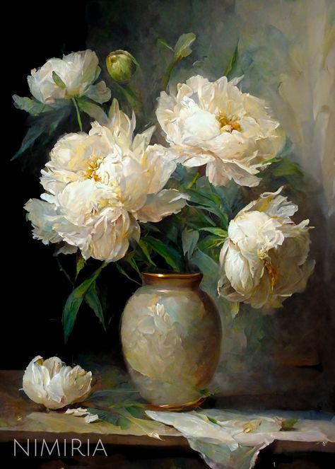 Peonies Still Life, Oil Painting Peonies, Oil Painting Flowers Realistic, Floral Still Life Paintings, Still Life Oil Painting Flowers, Pics Of Flowers, Flower Oil Paintings, Peony Oil Painting, Flower Vase Painting