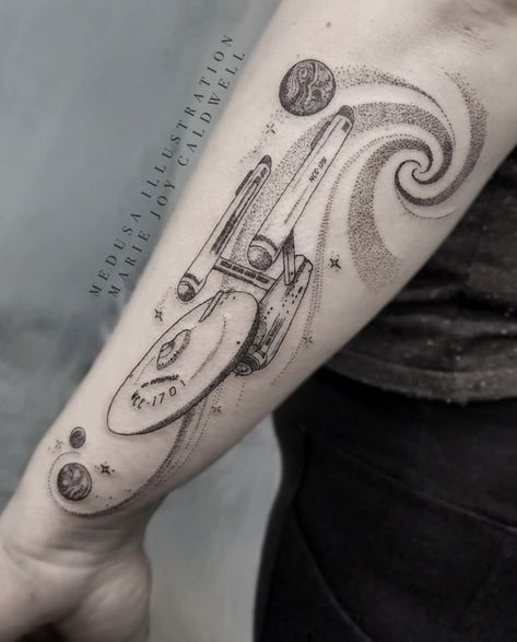 Starship Enterprise Tattoo, Star Trek Enterprise Tattoo, Vulcan Tattoo, Star Trek Tattoo Ideas, Enterprise Tattoo, Star Trek Tattoo Enterprise, Doctor Who Tattoo, Lego Tattoo, Star Trek Tattoo