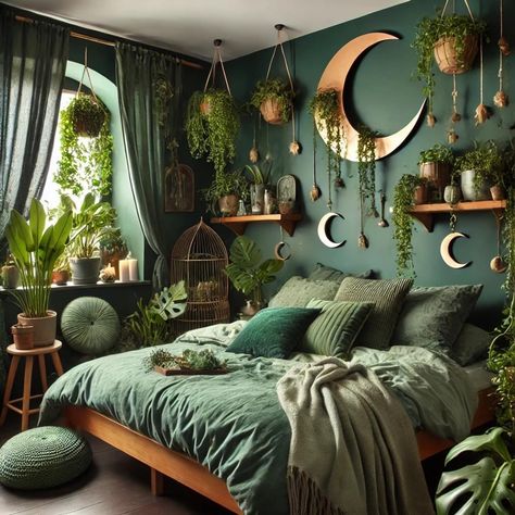 Whimsigoth Library, Dark Green Boho Bedroom, Dark Green Bedroom Aesthetic, Green Whimsigoth, Haven Bedroom, Whimsigoth Bedroom, Whimsigoth Art, Moon Room, Moody Bedroom Ideas