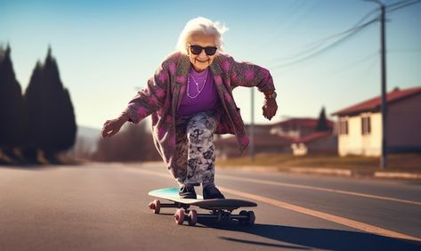 Cool stylish greyhaired grandma skateboa... | Premium Photo #Freepik #photo #grandparents #family-play #older #grandmother Cool Grandma, Cool Old People, Grandparent Photo, Boho Chic Bedroom, Senior Citizen, Old People, Iconic Photos, Street Photo, Active Lifestyle