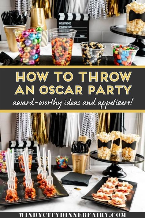 Oscar Party Favors, At The Movies Theme Party, Red Carpet Party Ideas Decoration Diy, Oscar Party Food Ideas, Red Carpet Party Snacks, Hollywood Party Activities, Oscar’s Party Ideas, Oscar’s Party, Party Easy Appetizers