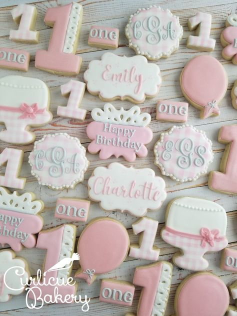 Gingham and Lace, Soft Pink First Birthday Decorated Sugar Cookies Gingham Cookies Decorated, Pink Gingham 1st Birthday, Pink First Birthday Cookies, Pink Gingham First Birthday, Classic Pink And White First Birthday, Pink Gingham Birthday Party, Pink Cookies Decorated, First Birthday Cookies Decorated, 1st Birthday Cookies Girl