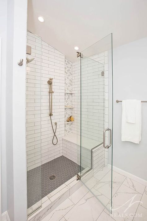 Standard Size Walk In Shower, Mcm Bathroom, Tile Walk In Shower, Master Bath Tile, Walk In Showers, Master Bath Shower, Full Bathroom Remodel, Bathroom Shower Walls, Bathroom Redesign