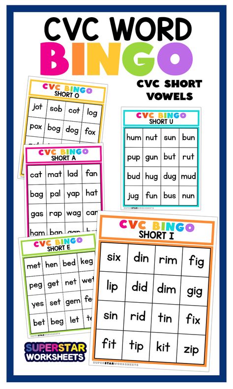 Cvc Bingo, Short A Activities, Short Vowel Games, Cvc Games, Short Vowel Activities, Vowel Activities, Cvc Activities, Word Bingo, Cvc Words Kindergarten