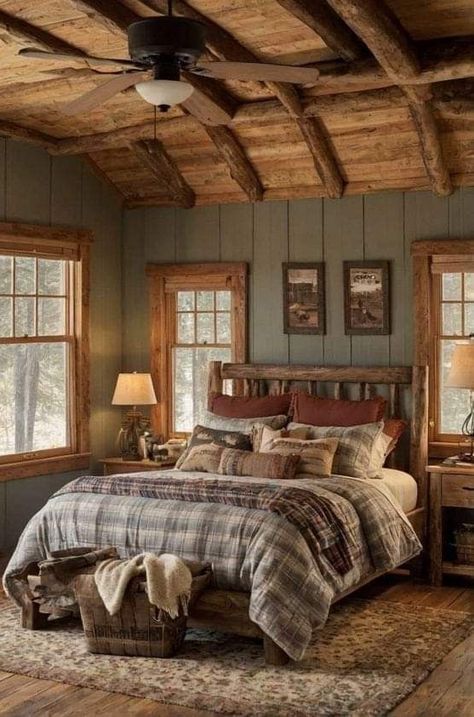 Painting Log Cabin Walls White, Lodge Cabin Bedroom, Cozy Cabin Ideas Rustic, Cabin Style House Interiors, Mountain Cabin Renovation, Cabin Core Aesthetic Bedroom, Country Living Room Decorating Ideas Cozy Cabin Master Bedrooms, Old Rustic Bedroom, Cozy Cabin Bedding