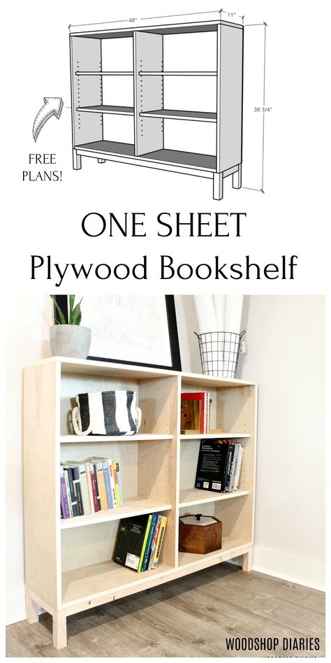 Build this EASY one sheet plywood bookshelf with these free plans!  Such a simple build and with adjustable shelves, your options are endless.  Perfect for a kid's bedroom, playroom, or even a home office.  Display your favorite books, trinkets, trophies, and decor on this one sheet plywood bookshelf. Plywood Bookshelf, Diy Bookshelf Plans, Bookshelf Diy, Simple Bookshelf, Plywood Projects, Bookshelf Plans, Plywood Shelves, Bookshelf Design, Bedroom Playroom