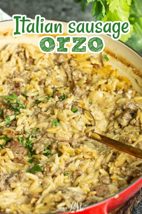 One Pot Italian Sausage Orzo Orzo With Sausage Recipes, One Pot Orzo With Sausage, Easy Dinner Italian Sausage, Ground Sausage Orzo Recipes, Beef Italian Sausage Recipes, Simple Dinner Recipes Sausage, Recipes With Ground Italian Sausage Easy, Orzo Italian Sausage, Italian Sausage Orzo Recipes