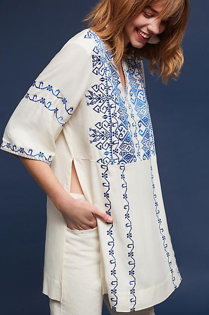 Tiny Liana Embroidered Tunic, affiliate link Tunic Tops Outfit, Embroidery Dress Boho, Unique Women Tops, Anthropologie Clothing, Tunic Designs, Three Quarter Sleeve Tops, Embroidered Tunic Top, Unique Blouse, Trendy Fashion Tops