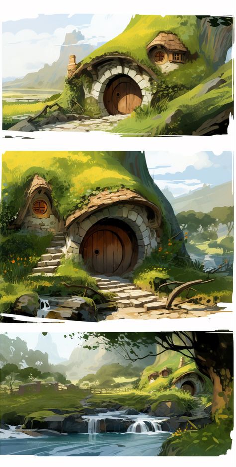 Rustic House Concept Art, Cottage House Concept Art, The Hobbit Concept Art, Hobbit House Illustration, Hobbit House Concept Art, Hobbit House Art, Small House Concept Art, Hobbit Character Art, Hobbits Aesthetic