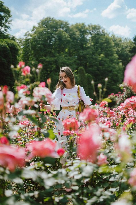 Puffy Sleeves Shirt, Botanical Garden Photo Shoot, Linen White Shirt, Debut Photoshoot, Pink Mules, Cute Summer Outfit, Rose Gardens, Cottage Rose, Shoulder Bag Pink