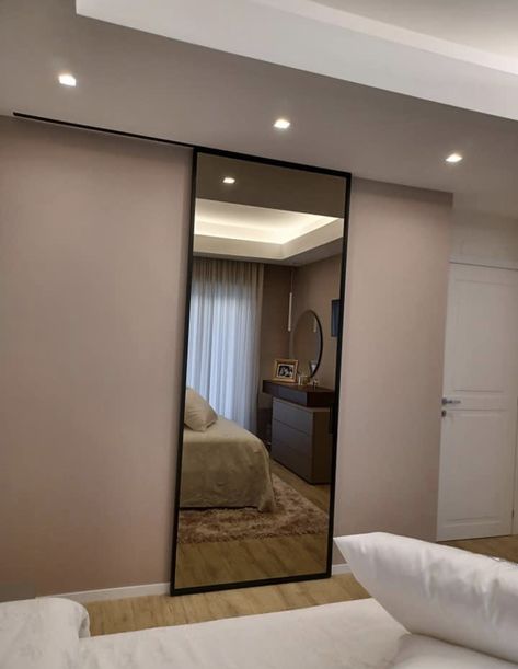 Walk In Closet Slide Door, Mirror Slide Door, Mirror Sliding Door, Sliding Mirror Door, Closet Mirror, Home Hall Design, House Essentials, Apartment Makeover, Hidden Rooms