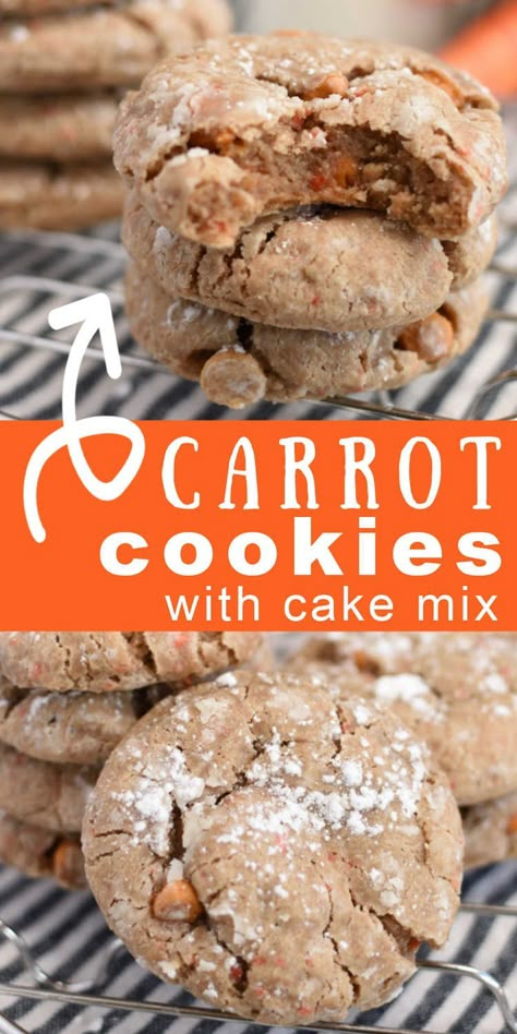 Carrot Cake Cookies made with a cake mix are the easiest cookies in the world to make! They're super moist, and soft! They're like a gooey butter cookie recipe. You'll need butter and cream cheese, plus a cake mix to make them! I add butterscotch, or white chocolate chips to make them even better! Thick cookies #carrotcakecookies #carrotcookies #cakemixcookies #littledairyontheprairie Boxed Carrot Cake Cookies, Box Carrot Cake Cookies, Carrot Cake Cookies From Cake Mix Recipes, Boxed Carrot Cake Mix Ideas, Carrot Cake Mix Cookies Recipes, Carrot Cake Cookies With Box Cake, Carrot Cake Box Mix Cookies, Carrot Cake Box Mix Add Ins, Cake Crinkle Cookies