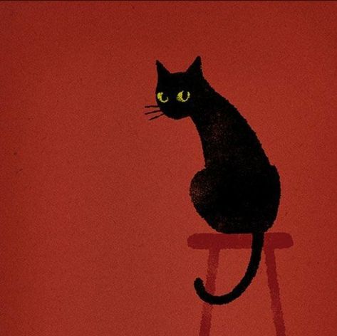 — Chie Katayama ☀️ Black Illustration, Cats Black, A Black Cat, A Black, Black Cat, Wall, Red, Black