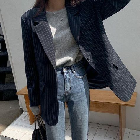 Striped Navy Blazer Outfit, Navy Blue Striped Blazer Outfit, Striped Jacket Outfit Blazers, Blue Pinstripe Button Up Outfit, Blue Blazer Women Outfit, Blue Striped Blazer Outfit, Pinstripe Blazer Outfit Woman, Grey Pinstripe Blazer Outfit, Black Striped Blazer Outfit