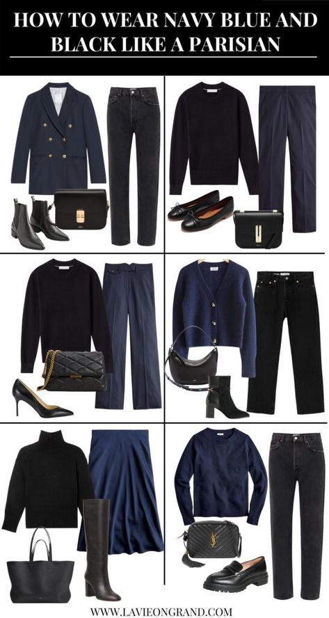 Navy Womens Outfits, Polished Style Minimal Classic, Navy Neutral Outfit, Black And Navy Capsule Wardrobe, Navy And Black Work Outfit, Black And Navy Winter Outfit, Navy Blue Cardigan Outfit Fall, French Outfit Style Winter, Parisian Business Style