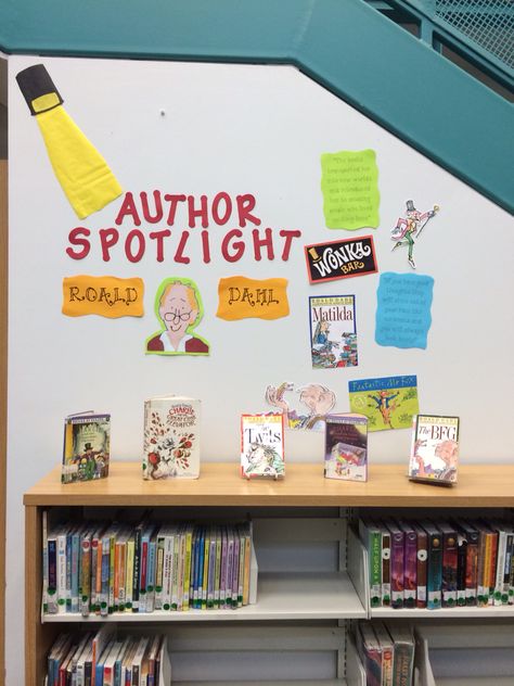 Author spotlight library display made by @lacemeier Author Bulletin Board Ideas, Library Book Drop Box Ideas, Author Of The Month Bulletin Board, Author Spotlight Bulletin Board, Author Spotlight Display, Ya Library Displays, Author Of The Month Display, Books About Libraries, Library Displays School