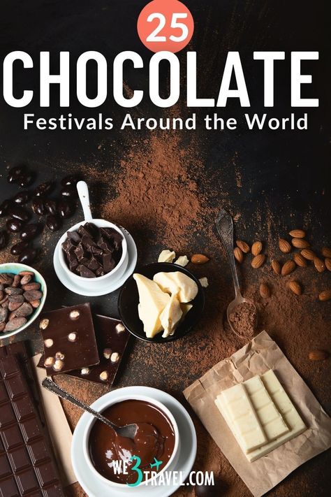 If you love chocolate, you may want to plan a trip to one of these chocolate festivals around the world. Taste all kinds of chocolate, learn how chocolate is made, meet cacao farmers, try chocolate pairings, and enjoy fun chocolate cooking classes and workshops to recreate chocolate recipes at home. Chocolate Pairings, Big Chocolate, Chocolate Festival, Festival Image, Chocolate World, Chocolate Maker, Festivals Around The World, Chocolate Delight, Artisan Chocolate