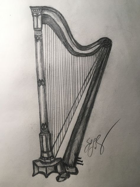 Harp Sketch, Piano Drawings, Instrument Drawing, Tot Bag, Drawing Instruments, Sketching Ideas, Music Drawings, Sketches Easy, Mini Canvas Art