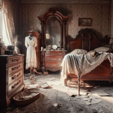 An abandoned Victorian bedroom, a chaotic blend of faded grandeur. The white dress, a lonely relic, hangs from a rusted bedpost, embodying… | Instagram Abandoned Houses Interior, Victorian Abandoned Houses, Abandoned Bedroom, Abandoned Bedroom Aesthetic, Abandoned Living Room, Victorian Seance Room, Abandoned Room Background, Forgotten Memories, Gothic Bedroom