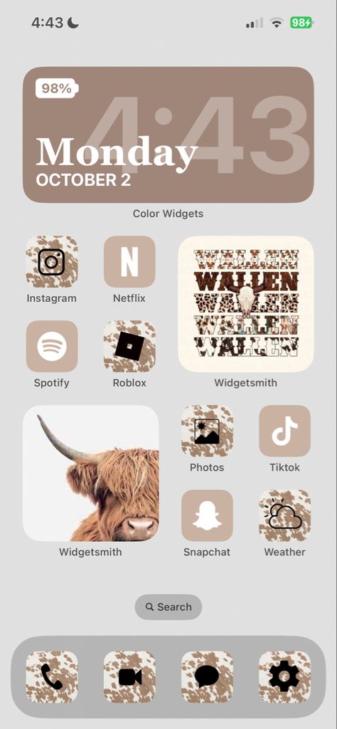 Country Aesthetic Homescreen, Phone Themes Western, Country Ios 16 Wallpaper, Western Aesthetic Home Screen, Country Widgetsmith Ideas, Country Homescreen Ideas, Cow Phone Theme, Cute Iphone Homescreen Ideas, Cute Home Screens Ideas