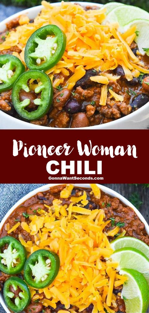 *NEW* This hearty, zesty, one-pot Pioneer Woman Chili is here to warm up your chilly nights! A certified comfort food, you're whole family will love! #PioneerWomanChili #Chili Pioneer Woman Guajillo Chili Pot Roast, Beef And Bean Chili Recipes, Meat And Bean Chili Recipe, Pioneer Woman Chili Recipe, Paula Deen Chili Recipe, Healthy Beef Chili Recipe, Chili Recipe Pioneer Woman, Pioneer Woman Chili, Beef And Bean Chili