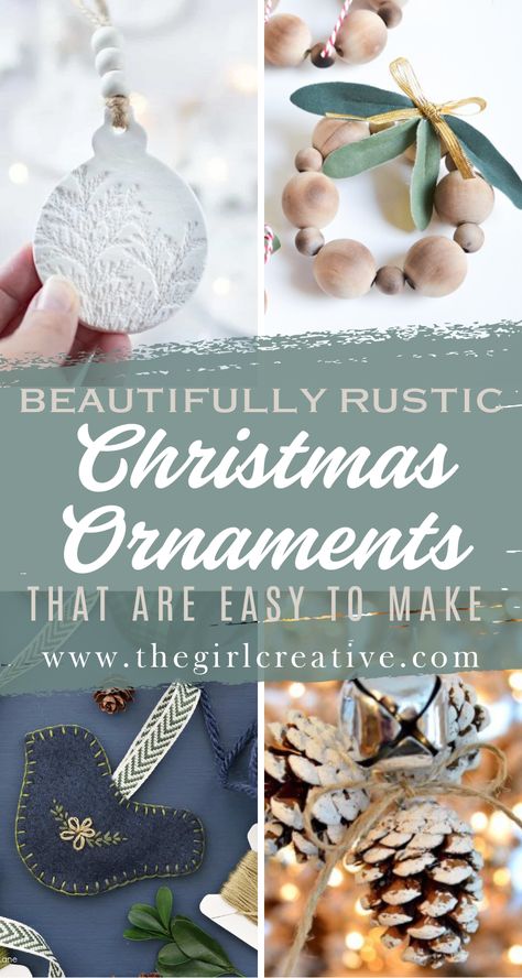 diy christmas ornaments made from felt, wood beads, salt dough and pinecones Diy 1st Christmas Ornaments Couple, Diy Farmhouse Tree Ornaments, Rustic Christmas Ornaments Diy Homemade, Diy Christmas Family Ornaments, Diy Christmas Ornaments Farmhouse, Farmhouse Christmas Diy Crafts, Simple Rustic Christmas Ornaments, Homemade Family Ornaments, Rustic Christmas Tree Decorations Diy