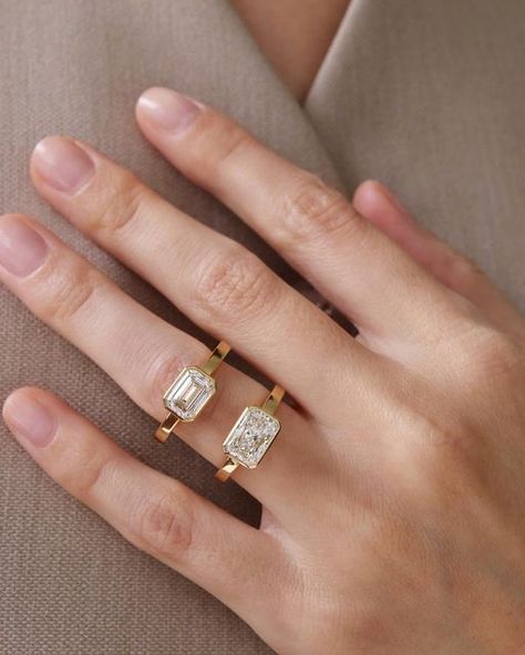 Modern Bridal Ring Sets, Horizontal Radiant Cut Engagement Ring, Horizontal Diamond Wedding Band, Radiant East West Engagement Ring, Sideways Rectangle Engagement Ring, Horizontal Diamond Ring, East West Radiant Engagement Ring, Horizontal Emerald Cut Engagement Ring, Engagement Ring Flat Band