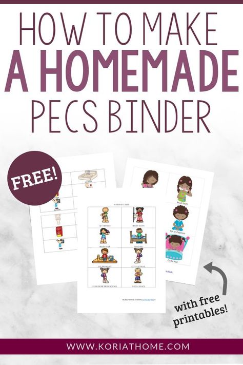 If you are looking to implement a simple visual schedule or communication system for your home, be sure to grab my free printables and check out this post on how to make a homemade PECS binder. #communication #pecs #visualschedules #freeprintables Pec Cards Free Printable, Pecs Communication Printables Free, Pecs Binder, Pecs Board, Pecs Pictures Printables, Pec Cards, Aac Device, Pecs Book, Pecs Communication